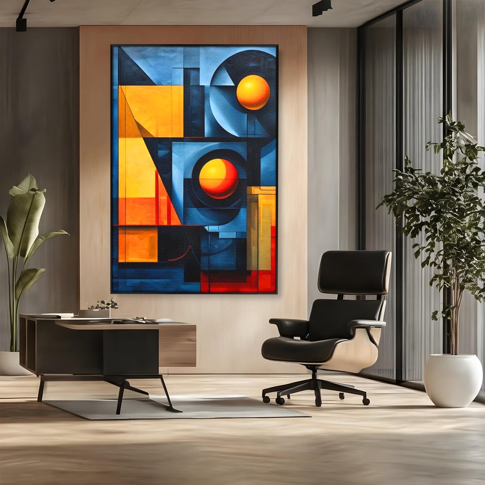 Tablou canvas cu pictura abstracta cu forme geometrice, in rama de aluminiu negru, pe perete intr-un birou